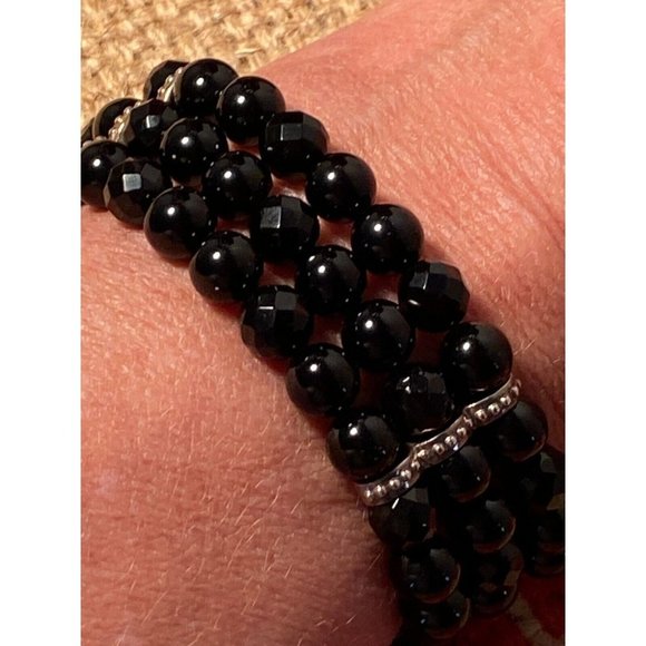 Sterling Triple Strand Black faceted Onyx Bead StretchBracelet Signed WK 925 - Picture 1 of 6